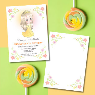 Cute Pretty Princess Orange Dress Floral Birthday  Invitation