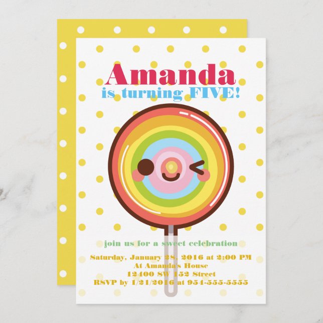 Cute pretty rainbows lollipop birthday invitation (Front/Back)