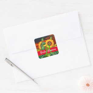 Cute Pretty SunFlowers: Elegant Monogram Full Name Square Sticker