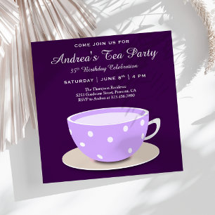 Cute Pretty Tea Cup   Purple Birthday Tea Party Invitation