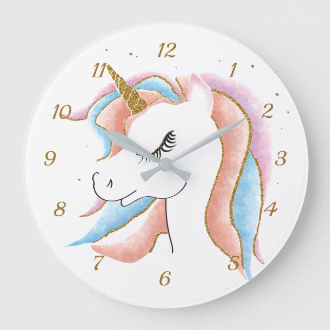 Cute Pretty Unicorn Pastel Gold Glitter Large Clock (Front)