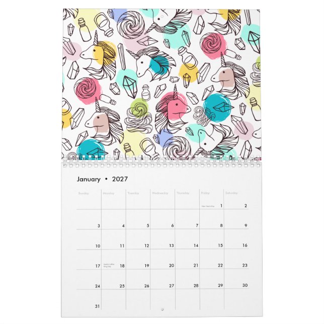 Cute Pretty Unicorn Pattern Calendar (Jan 2027)