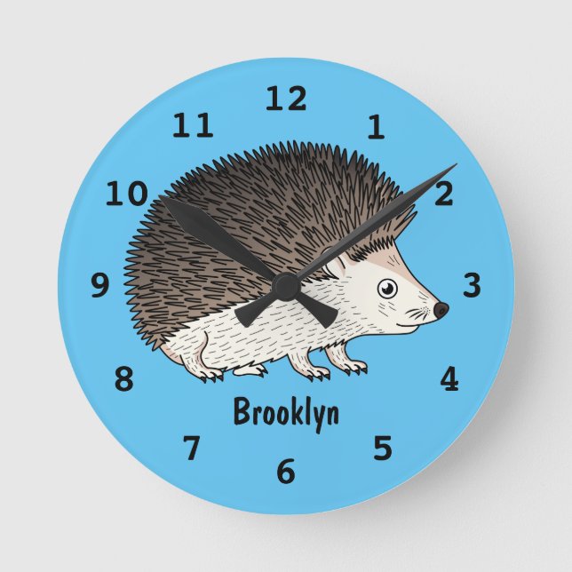 Cute prickly hedgehog cartoon illustration round clock (Front)