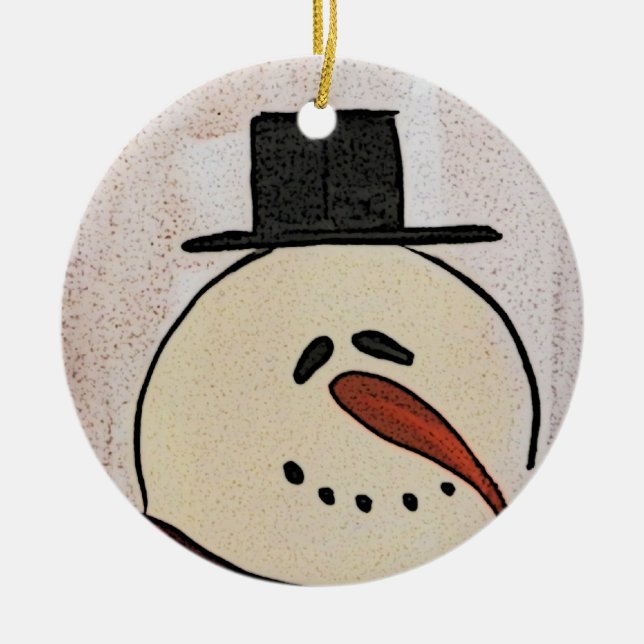 Cute Primitive Art Snowman Ceramic Ornament (Front)