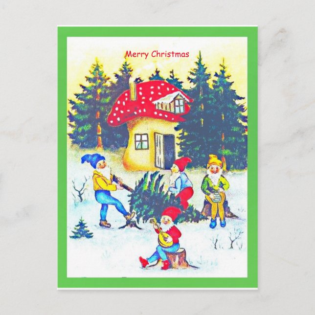 Cute Primitive Tomte, Gnomes or Elves Cutting Tree Postcard (Front)