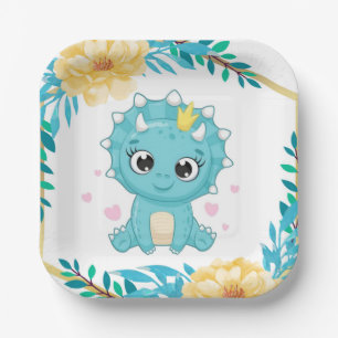 Cute Prince Teal and Yellow Dinosaur Baby Shower Paper Plate