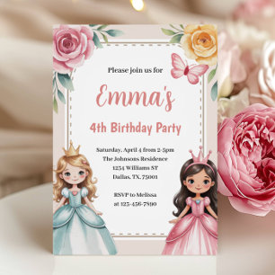Cute Princess 4th Birthday Party Invitation