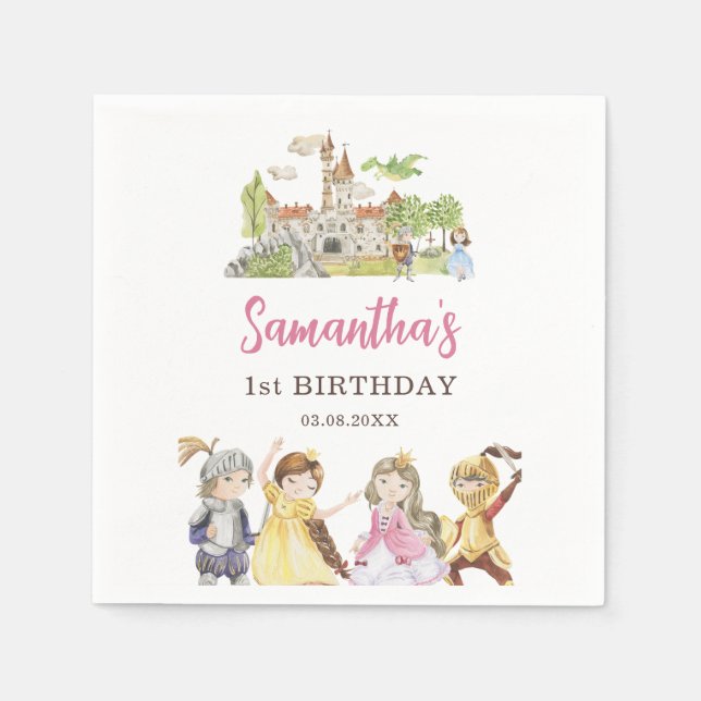 Cute Princess and Knights Birthday Napkin (Front)