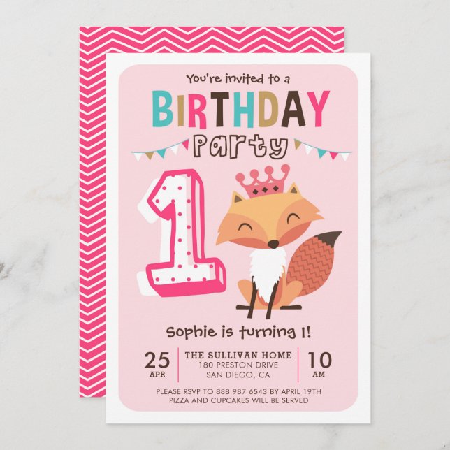 Cute Princess Baby Fox Pink First Birthday Invitation (Front/Back)