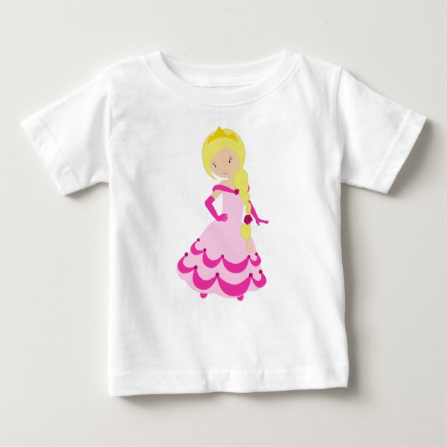 Cute Princess, Blonde Hair, Crown, Pink Dress Baby T-Shirt (Front)