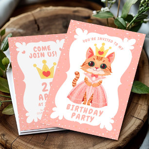 Cute Princess Cat in Pink Dress Whimsical Birthday Invitation