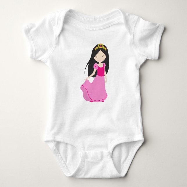 Cute Princess, Crown, Black Hair, Pink Dress Baby Bodysuit (Front)