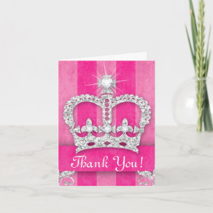 Cute Princess Crown Bling Pink Stripes Thank You Card