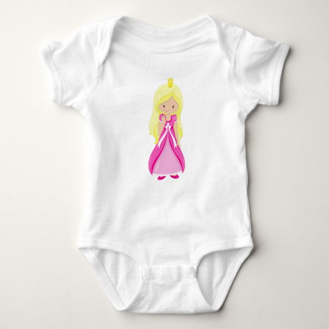 Cute Princess, Crown, Blonde Hair, Pink Dress Baby Bodysuit (Front)