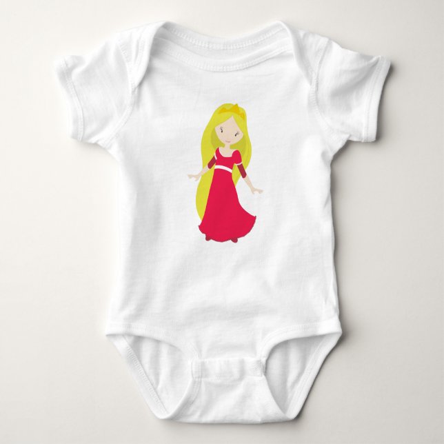 Cute Princess, Crown, Blonde Hair, Red Dress Baby Bodysuit (Front)