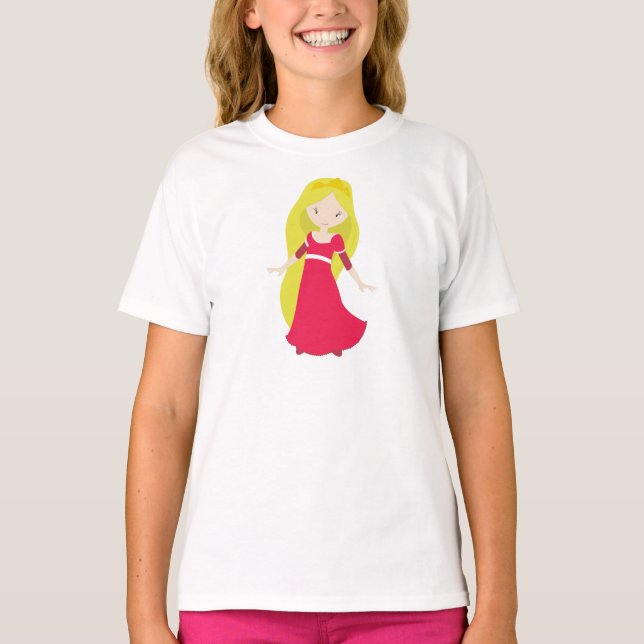 Cute Princess, Crown, Blonde Hair, Red Dress T-Shirt (Front)