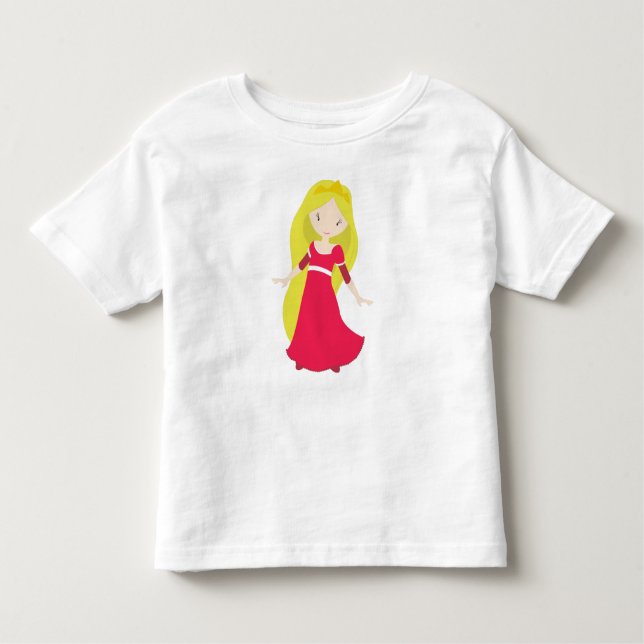 Cute Princess, Crown, Blonde Hair, Red Dress Toddler T-Shirt (Front)