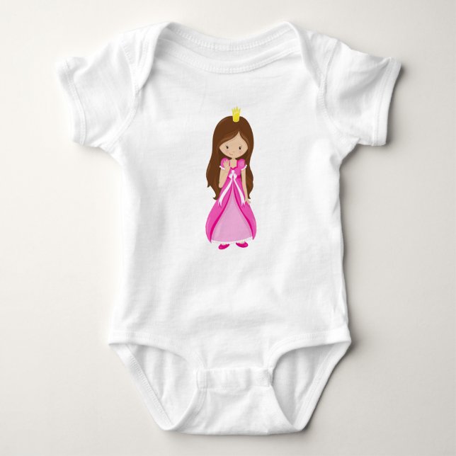 Cute Princess, Crown, Brown Hair, Pink Dress Baby Bodysuit (Front)
