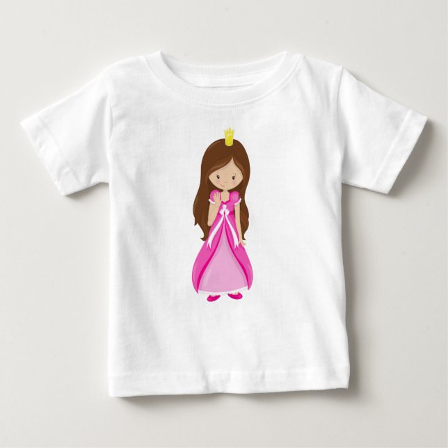 Cute Princess, Crown, Brown Hair, Pink Dress Baby T-Shirt (Front)