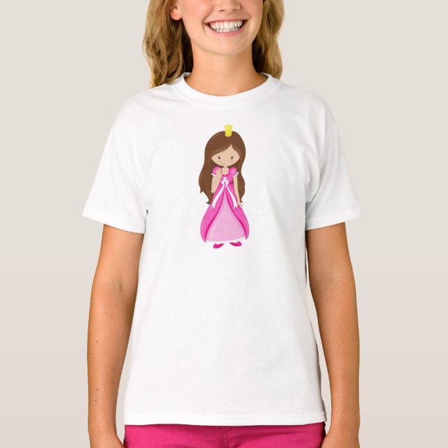 Cute Princess, Crown, Brown Hair, Pink Dress T-Shirt (Front)
