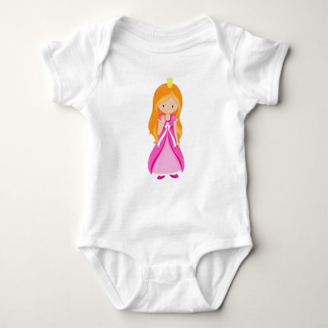 Cute Princess, Crown, Orange Hair, Pink Dress Baby Bodysuit (Front)
