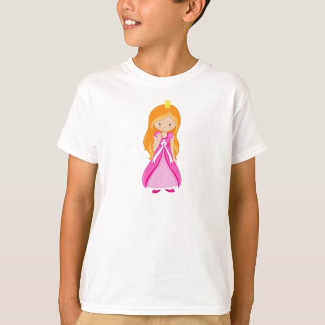 Cute Princess, Crown, Orange Hair, Pink Dress T-Shirt (Front)