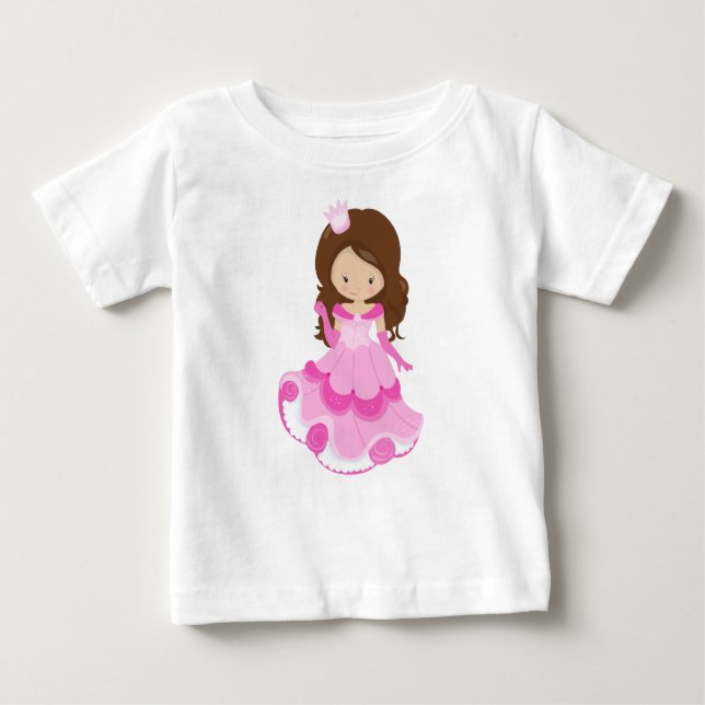 Cute Princess, Crown, Pink Dress, Brown Hair Baby T-Shirt (Front)