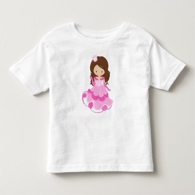 Cute Princess, Crown, Pink Dress, Brown Hair Toddler T-Shirt (Front)