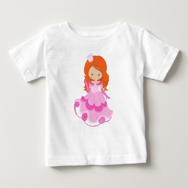 Cute Princess, Crown, Pink Dress, Orange Hair Baby T-Shirt (Front)