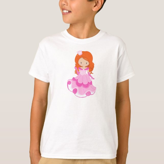 Cute Princess, Crown, Pink Dress, Orange Hair T-Shirt (Front)