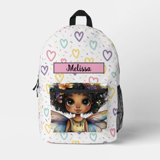 Cute Princess Fairy Black Girl Customizable Name  Printed Backpack (Front)