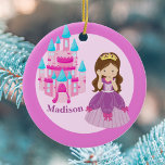 Cute Princess Girl Custom Kids Pink Christmas Ceramic Ornament<br><div class="desc">A pretty personalized princess Christmas ornament featuring a beautiful little girl in a queen ball gown with pink bows standing in front of a pink and ice blue castle. A cute custom gift for a little girl during the holiday season. Add your child's name underneath the castle steps.</div>