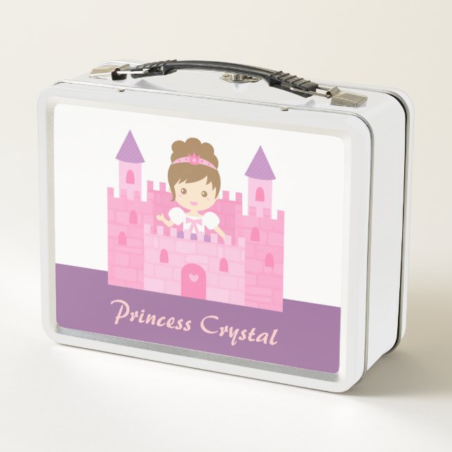 Cute Princess Girl in Pink Castle Personalised Metal Lunch Box (Back)