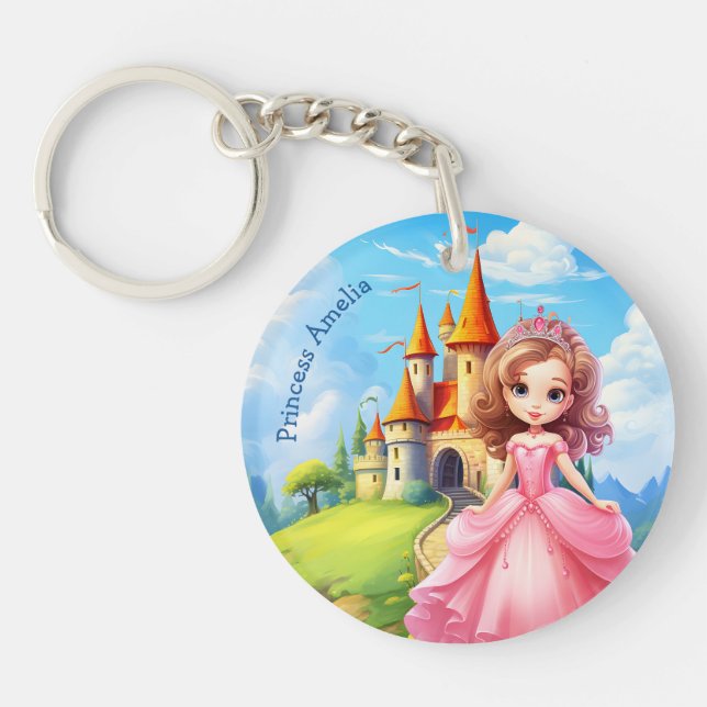 Cute Princess in a Fairy Tale Castle Personalised Key Ring (Front)