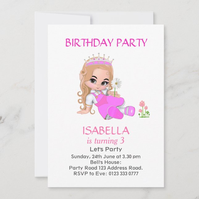 Cute Princess on Light Pink 3rd Birthday Party Invitation (Front)
