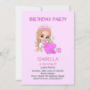 Cute Princess on Light Pink 6th Birthday Party Invitation