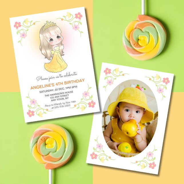 Cute Princess Orange Dress Floral Photo Birthday  Invitation (Creator Uploaded)