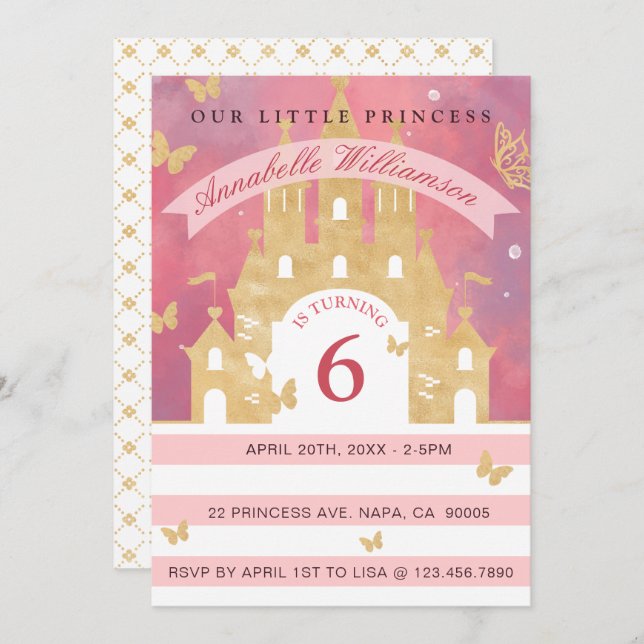 Cute Princess Pink Gold Castle Birthday Invitation (Front/Back)