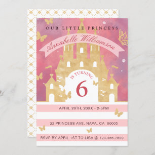 Cute Princess Pink Gold Castle Birthday Invitation