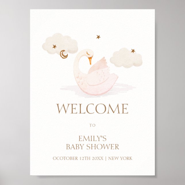 Cute Princess Swan Moon Star Baby Shower Welcome Poster (Front)