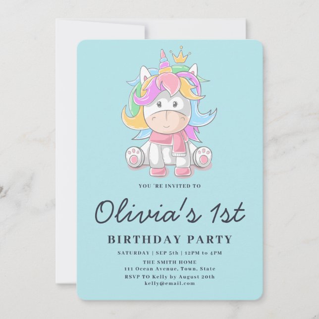 Cute Princess Unicorn 1st Birthday Party  Invitation (Front)