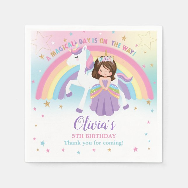 Cute Princess & Unicorn Birthday Party Rainbow  Napkin (Front)