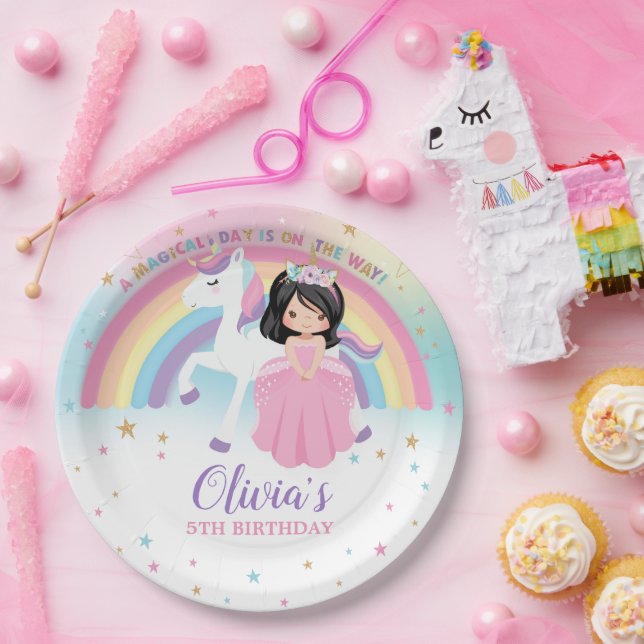 Cute Princess & Unicorn Birthday Party Rainbow  Paper Plate (Party)