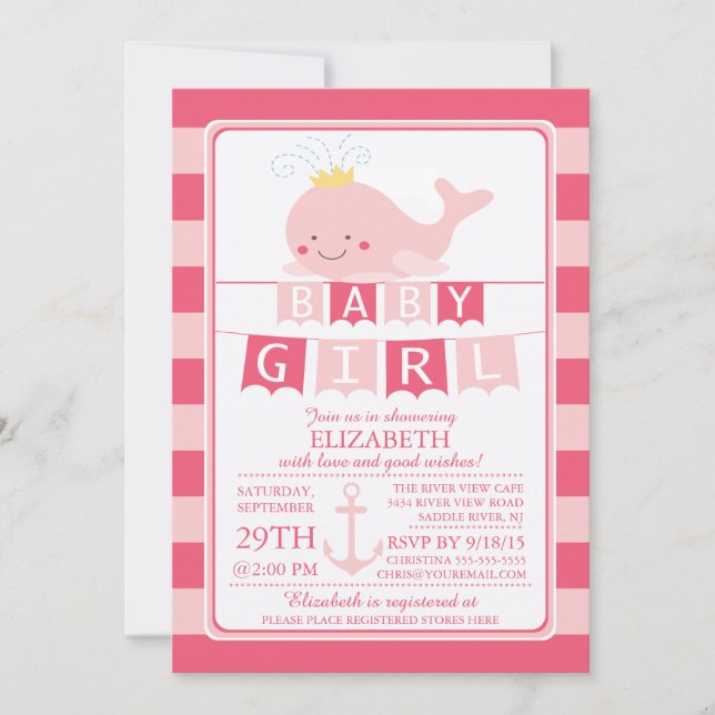 Cute Princess Whale Girl Baby Shower Invitation (Front)