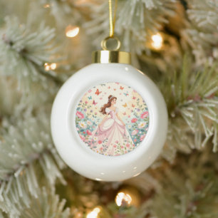 Cute princess with butterflies ceramic ball christmas ornament