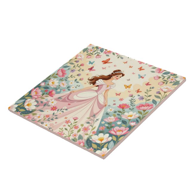 Cute princess with butterflies ceramic tile (Side)