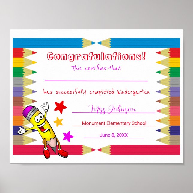 Cute Printable Kindergarten Graduation Certificate Poster (Front)