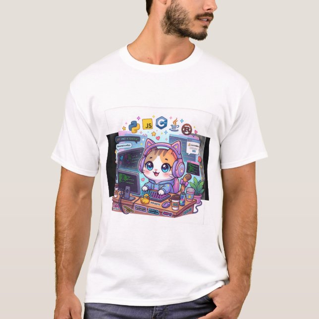 Cute Programmer Cat T-Shirt | Kawaii Coding Cat wi (Front)
