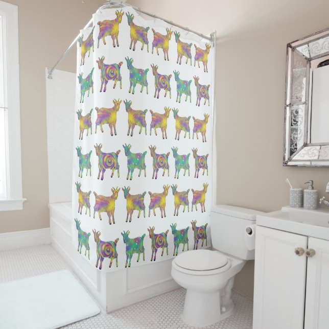 Cute Psychedelic Baby Goats Colorful Animal Art Shower Curtain (In Situ)