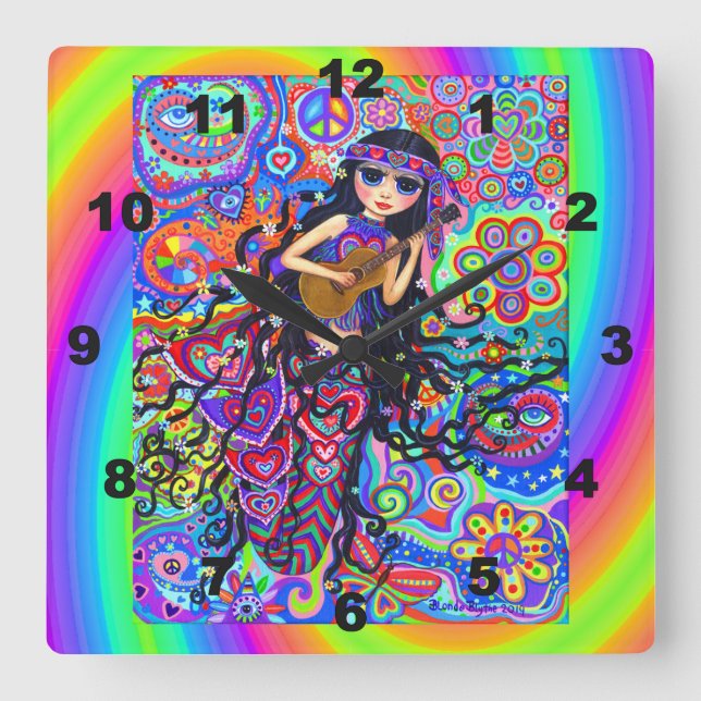Cute Psychedelic Hippie Mermaid Girl Chick Guitar Square Wall Clock (Front)